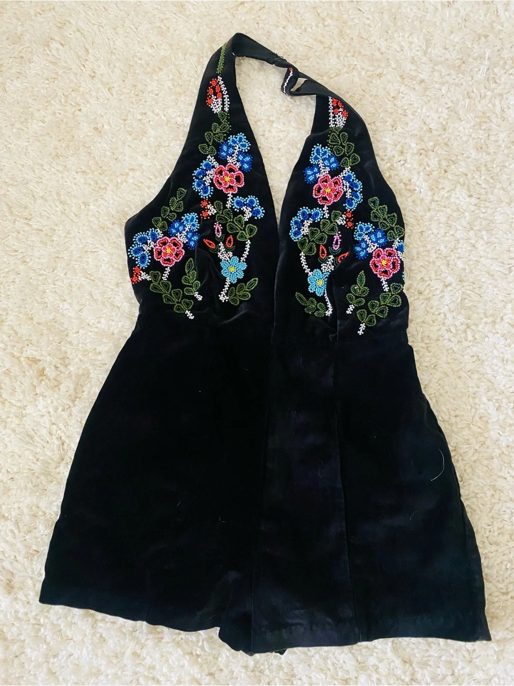 Glamorous Floral Beaded Black Velvet Halter Romper